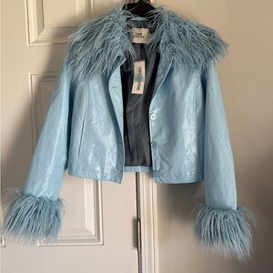 Urban Outfitters Pale Blue Faux Leather Jacket with Feather Trim